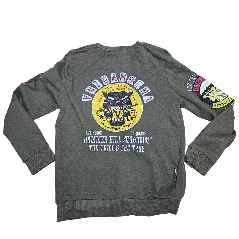 Vintage Americana Olive Green Graphic Patch Sweatshirt XLarge Streetwear